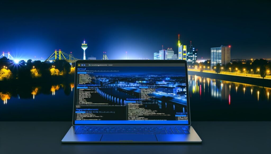 Dortmunder Skyline bei Nacht, im Vordergrund ein Laptop mit SEO-Tabellen, Codezeilen und Performance-Grafiken. Fußballstadion-Silhouette und gelb-schwarze Farbakzente im Hintergrund.