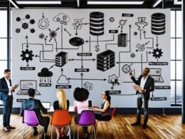 Ambitioniertes Team analysiert E-Commerce Growth Framework auf Whiteboard im modernen digitalen Büro, dargestellt sind vernetzte Strategiebereiche, KPIs und technische Icons.