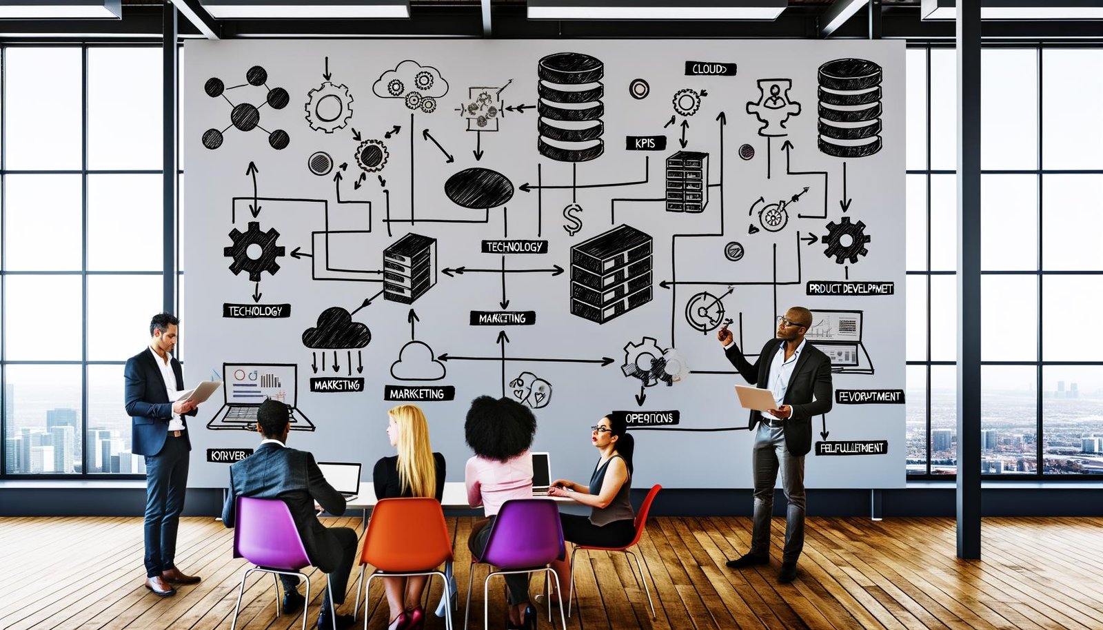 Ambitioniertes Team analysiert E-Commerce Growth Framework auf Whiteboard im modernen digitalen Büro, dargestellt sind vernetzte Strategiebereiche, KPIs und technische Icons.