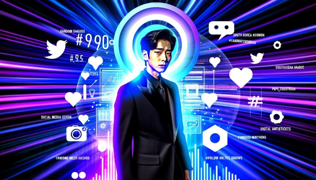 Stilisiertes Titelbild von Han Seo Jun vor einem digitalen, bunten Hintergrund mit Social Media Icons, Analytics-Graphen und K-Drama-Elementen.