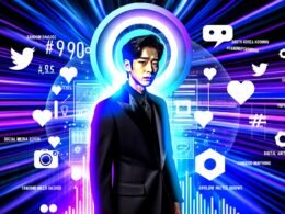 Stilisiertes Titelbild von Han Seo Jun vor einem digitalen, bunten Hintergrund mit Social Media Icons, Analytics-Graphen und K-Drama-Elementen.