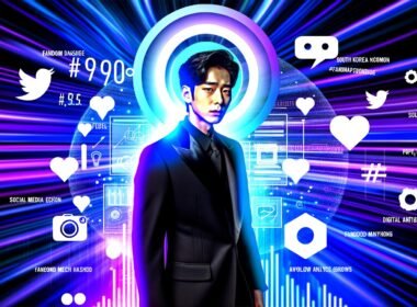 Stilisiertes Titelbild von Han Seo Jun vor einem digitalen, bunten Hintergrund mit Social Media Icons, Analytics-Graphen und K-Drama-Elementen.