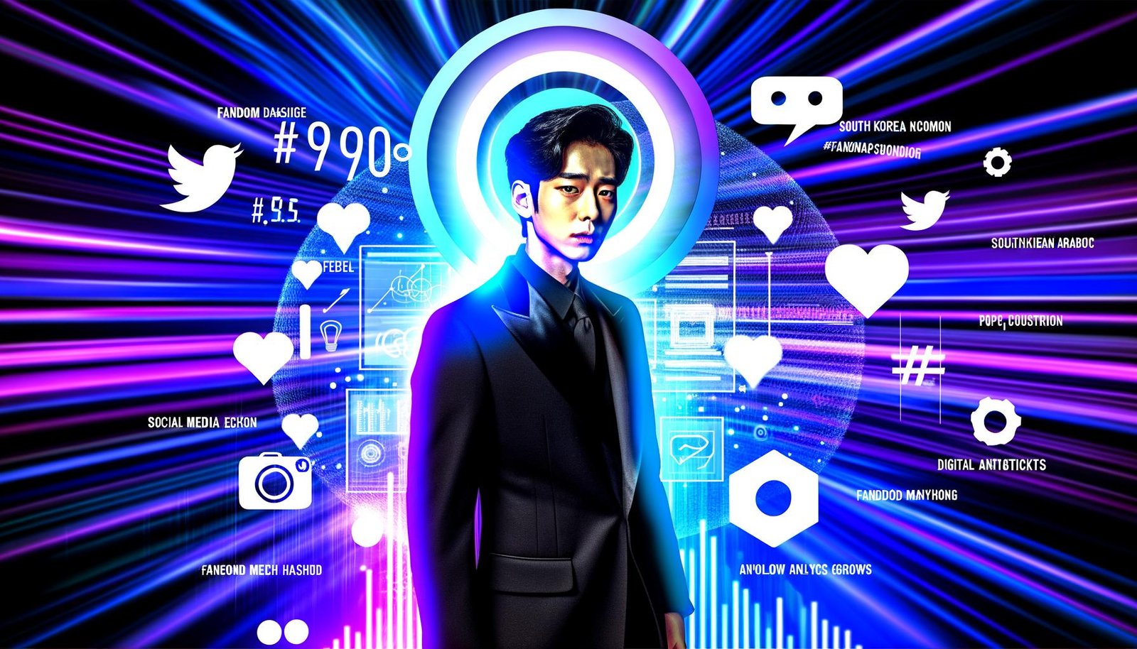 Stilisiertes Titelbild von Han Seo Jun vor einem digitalen, bunten Hintergrund mit Social Media Icons, Analytics-Graphen und K-Drama-Elementen.
