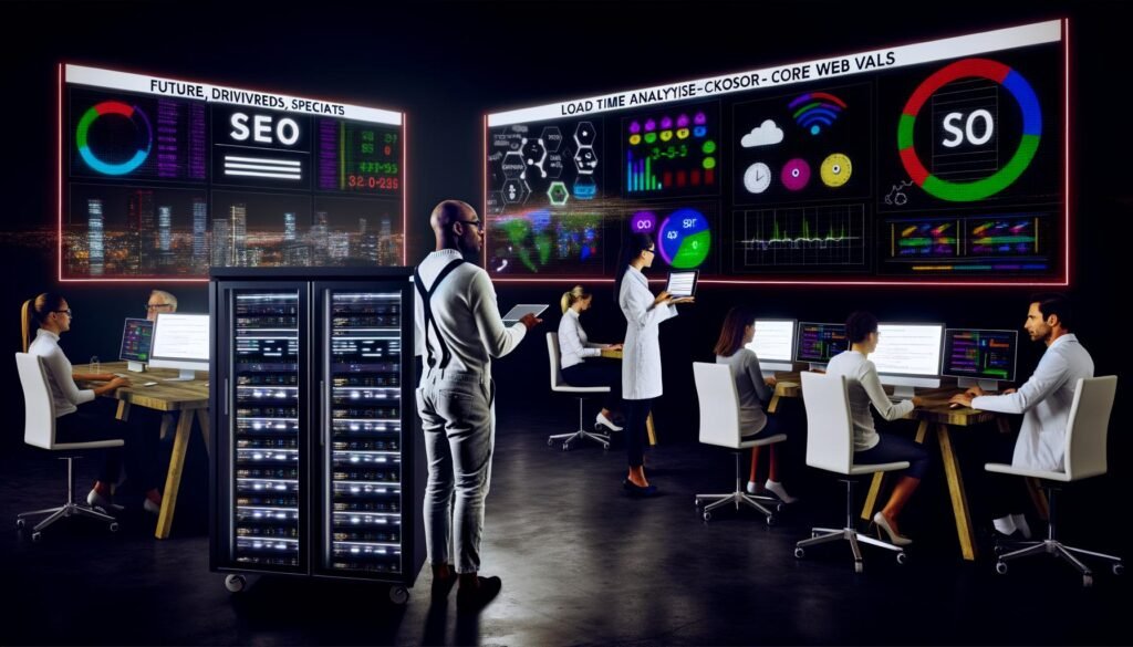 SEO War Room mit großen Bildschirmen voller Statistiken, arbeitenden Spezialisten und modernen Analysetools in urbaner Büro-Atmosphäre