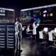 SEO War Room mit großen Bildschirmen voller Statistiken, arbeitenden Spezialisten und modernen Analysetools in urbaner Büro-Atmosphäre