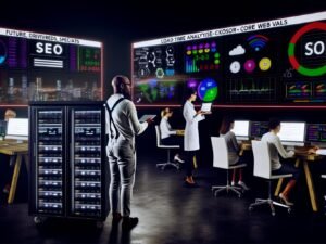SEO War Room mit großen Bildschirmen voller Statistiken, arbeitenden Spezialisten und modernen Analysetools in urbaner Büro-Atmosphäre