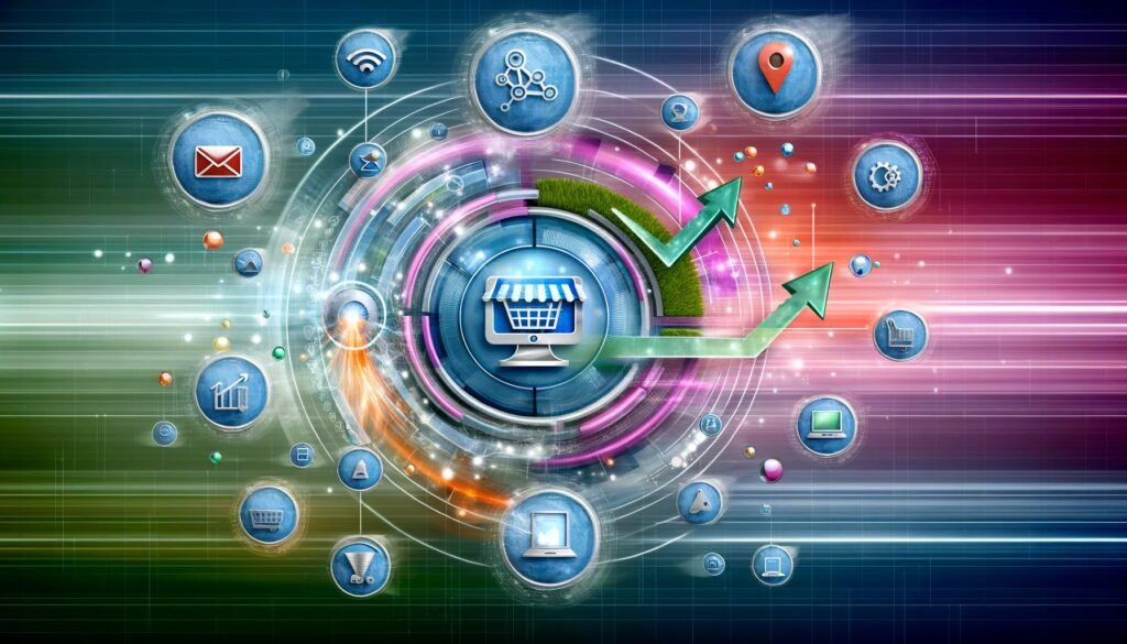 Collage verschiedener Ecommerce-Grafiken: stilisierte Shop-Oberfläche, technische Bausteine, SEO-Elemente, Customer Journey und vernetzter Technologie-Stack; visualisiert Wachstum, Strategie und digitale Exzellenz.
