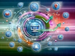 Collage verschiedener Ecommerce-Grafiken: stilisierte Shop-Oberfläche, technische Bausteine, SEO-Elemente, Customer Journey und vernetzter Technologie-Stack; visualisiert Wachstum, Strategie und digitale Exzellenz.