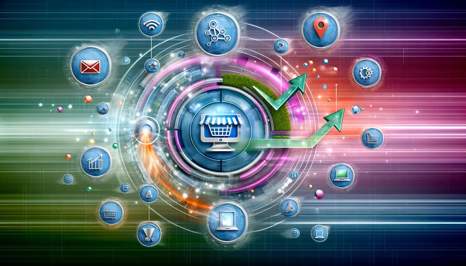 Collage verschiedener Ecommerce-Grafiken: stilisierte Shop-Oberfläche, technische Bausteine, SEO-Elemente, Customer Journey und vernetzter Technologie-Stack; visualisiert Wachstum, Strategie und digitale Exzellenz.