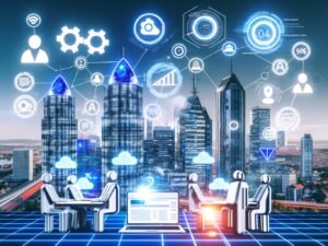 Infografik einer urbanen Skyline mit stilisierten Hochhäusern deutscher SEO-Agenturen, digitalen Icons wie Zahnräder, Datenwolken, Knowledge Graph, KI-Avataren, Analytics-Dashboard und kollaborativem Team im Vordergrund.
