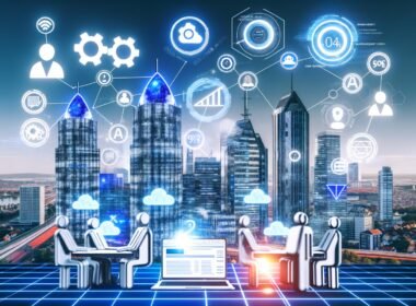 Infografik einer urbanen Skyline mit stilisierten Hochhäusern deutscher SEO-Agenturen, digitalen Icons wie Zahnräder, Datenwolken, Knowledge Graph, KI-Avataren, Analytics-Dashboard und kollaborativem Team im Vordergrund.