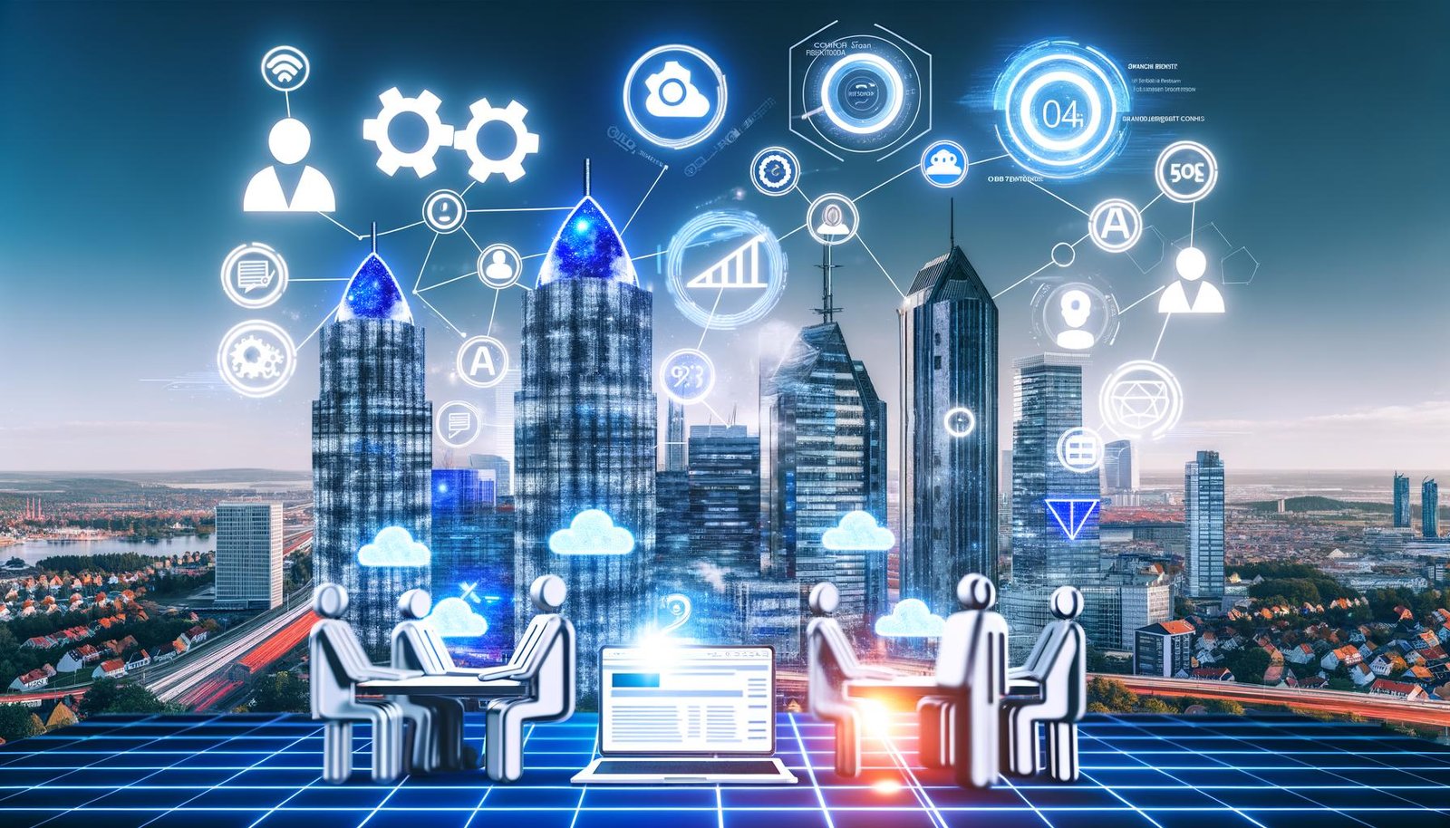Infografik einer urbanen Skyline mit stilisierten Hochhäusern deutscher SEO-Agenturen, digitalen Icons wie Zahnräder, Datenwolken, Knowledge Graph, KI-Avataren, Analytics-Dashboard und kollaborativem Team im Vordergrund.