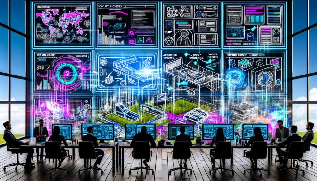Technische Collage eines modernen E-Commerce-Kontrollraums mit Monitoren, Dashboards, Experten und futuristischen Datenvisualisierungen.