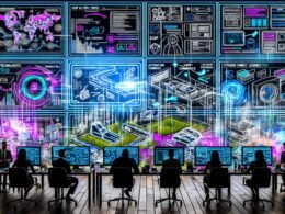 Technische Collage eines modernen E-Commerce-Kontrollraums mit Monitoren, Dashboards, Experten und futuristischen Datenvisualisierungen.