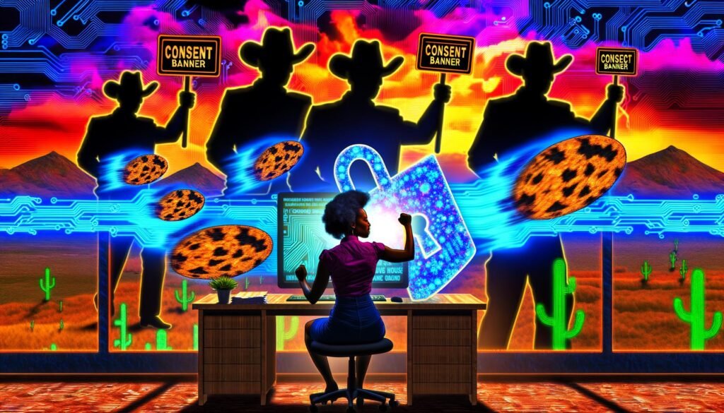 Ein gestresster Büroarbeiter kämpft mit einer leuchtenden Schloss-Schutzschild gegen große Cookie-Pop-ups und Warnhinweise am Schreibtisch, während Anwälte im Hintergrund drohen und Daten durch eine schwache Firewall entweichen.