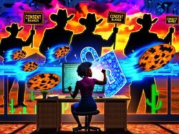 Ein gestresster Büroarbeiter kämpft mit einer leuchtenden Schloss-Schutzschild gegen große Cookie-Pop-ups und Warnhinweise am Schreibtisch, während Anwälte im Hintergrund drohen und Daten durch eine schwache Firewall entweichen.