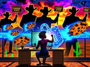 Ein gestresster Büroarbeiter kämpft mit einer leuchtenden Schloss-Schutzschild gegen große Cookie-Pop-ups und Warnhinweise am Schreibtisch, während Anwälte im Hintergrund drohen und Daten durch eine schwache Firewall entweichen.