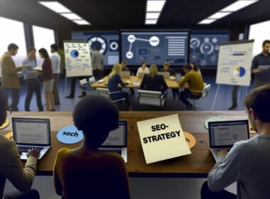Gruppe bei intensivem SEO-Workshop an Laptops und Whiteboards, Post-its mit SEO-Schlagworten, Charts und Dashboard sichtbar