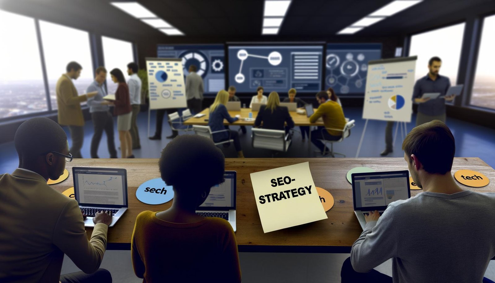 Gruppe bei intensivem SEO-Workshop an Laptops und Whiteboards, Post-its mit SEO-Schlagworten, Charts und Dashboard sichtbar