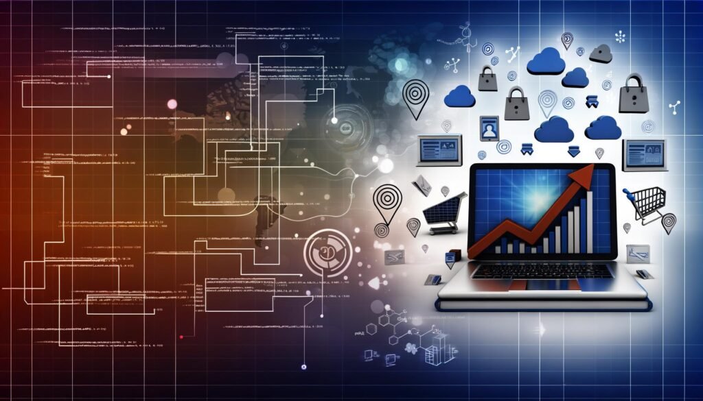Dynamische E-Commerce-Szene mit Laptop, Dashboard, Umsatzkurven, Conversion-Funnel, Warenkörben und Cloud-Infrastruktur in modernem Design.