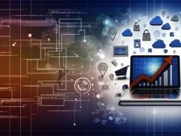 Dynamische E-Commerce-Szene mit Laptop, Dashboard, Umsatzkurven, Conversion-Funnel, Warenkörben und Cloud-Infrastruktur in modernem Design.