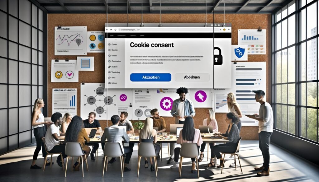 Team im modernen Büro analysiert einen Webseiten-Prototyp mit übersichtlichem Cookie-Banner, Consent-Optionen und Datenschutz-Icons auf einem großen Monitor.