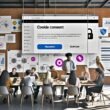Team im modernen Büro analysiert einen Webseiten-Prototyp mit übersichtlichem Cookie-Banner, Consent-Optionen und Datenschutz-Icons auf einem großen Monitor.