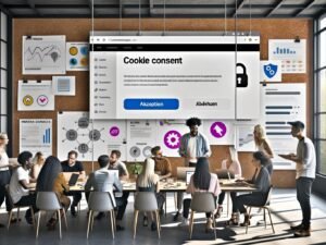 Team im modernen Büro analysiert einen Webseiten-Prototyp mit übersichtlichem Cookie-Banner, Consent-Optionen und Datenschutz-Icons auf einem großen Monitor.