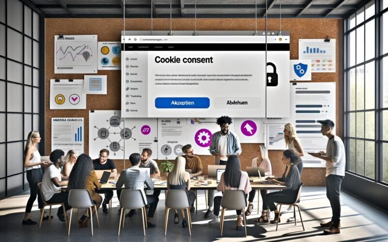 Team im modernen Büro analysiert einen Webseiten-Prototyp mit übersichtlichem Cookie-Banner, Consent-Optionen und Datenschutz-Icons auf einem großen Monitor.