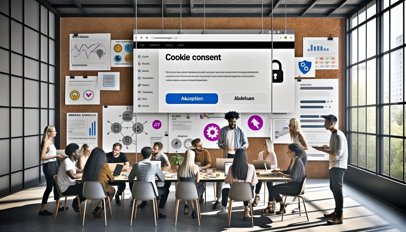 Team im modernen Büro analysiert einen Webseiten-Prototyp mit übersichtlichem Cookie-Banner, Consent-Optionen und Datenschutz-Icons auf einem großen Monitor.