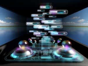 Futuristisches Cockpit mit holographischen Meta-Tag-Steuerungen und Suchergebnis-Landschaft im Hintergrund
