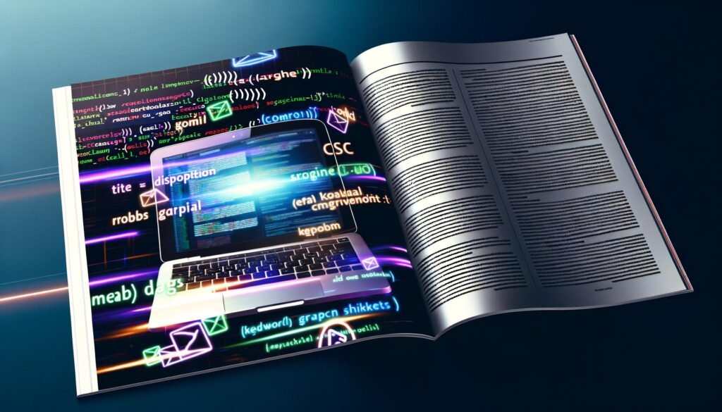 Moderne Magazin-Doppelseite mit Laptop, sichtbarem HTML-Code und farbigen Meta Tags, abstrahierter Google-Suchergebnisliste und dynamischen SEO-Grafiken im Neon-Stil.