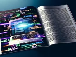 Moderne Magazin-Doppelseite mit Laptop, sichtbarem HTML-Code und farbigen Meta Tags, abstrahierter Google-Suchergebnisliste und dynamischen SEO-Grafiken im Neon-Stil.