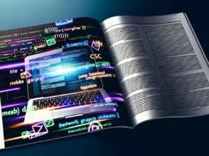 Moderne Magazin-Doppelseite mit Laptop, sichtbarem HTML-Code und farbigen Meta Tags, abstrahierter Google-Suchergebnisliste und dynamischen SEO-Grafiken im Neon-Stil.