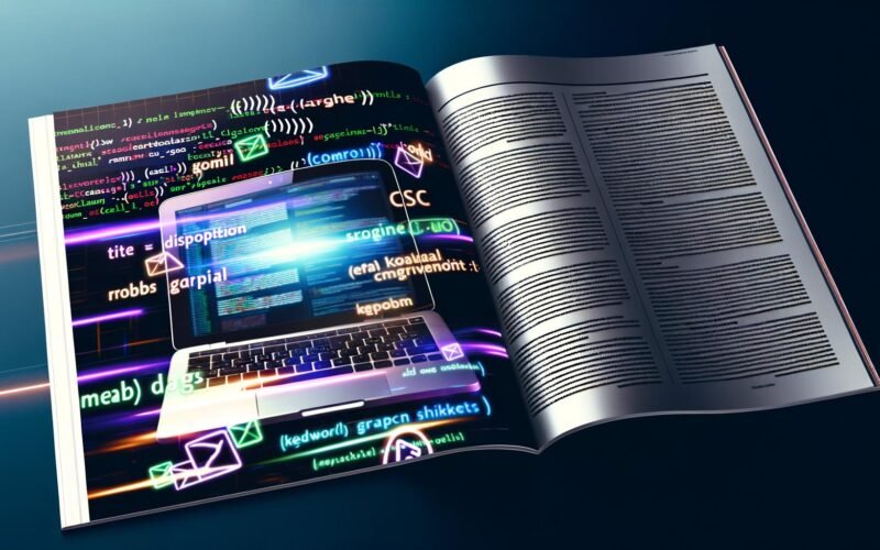 Moderne Magazin-Doppelseite mit Laptop, sichtbarem HTML-Code und farbigen Meta Tags, abstrahierter Google-Suchergebnisliste und dynamischen SEO-Grafiken im Neon-Stil.