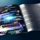 Moderne Magazin-Doppelseite mit Laptop, sichtbarem HTML-Code und farbigen Meta Tags, abstrahierter Google-Suchergebnisliste und dynamischen SEO-Grafiken im Neon-Stil.