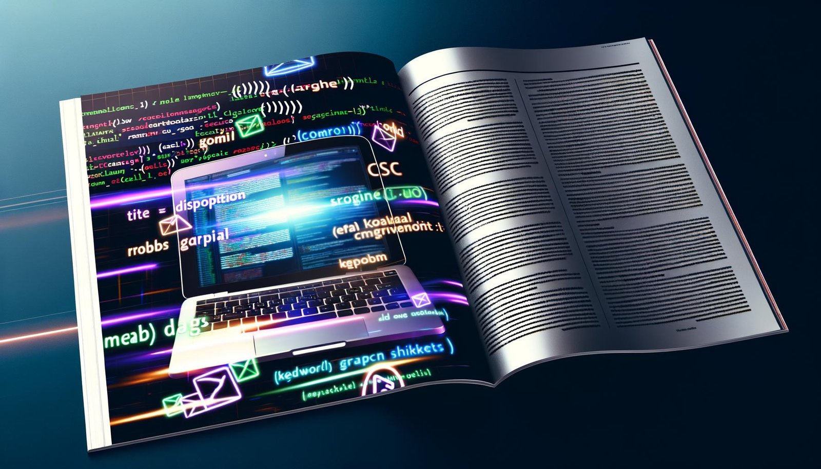 Moderne Magazin-Doppelseite mit Laptop, sichtbarem HTML-Code und farbigen Meta Tags, abstrahierter Google-Suchergebnisliste und dynamischen SEO-Grafiken im Neon-Stil.
