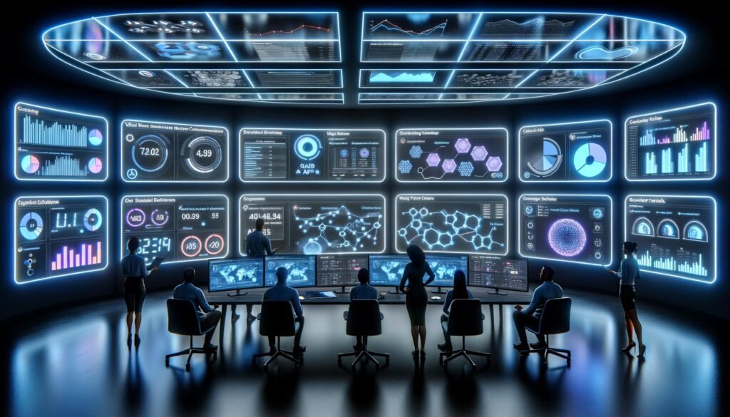 Futuristisches E-Commerce-Kommandocenter mit mehreren Bildschirmen, analytischen Dashboards und Team bei strategischer Planung in moderner, modularer Umgebung bei Abendstimmung.