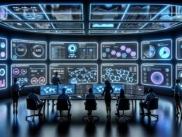Futuristisches E-Commerce-Kommandocenter mit mehreren Bildschirmen, analytischen Dashboards und Team bei strategischer Planung in moderner, modularer Umgebung bei Abendstimmung.