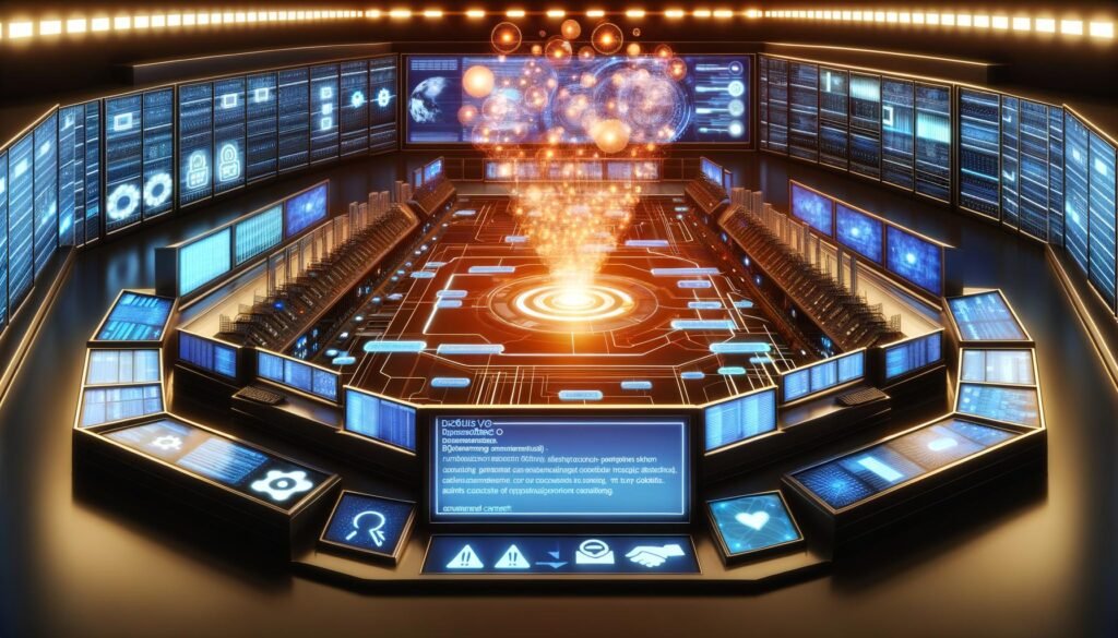 Moderner Maschinenraum mit digitalen Anzeigen, Servern und Datenströmen, der die professionelle Verwaltung von Cookies und Datenschutz nach DSGVO/TTDSG illustriert.