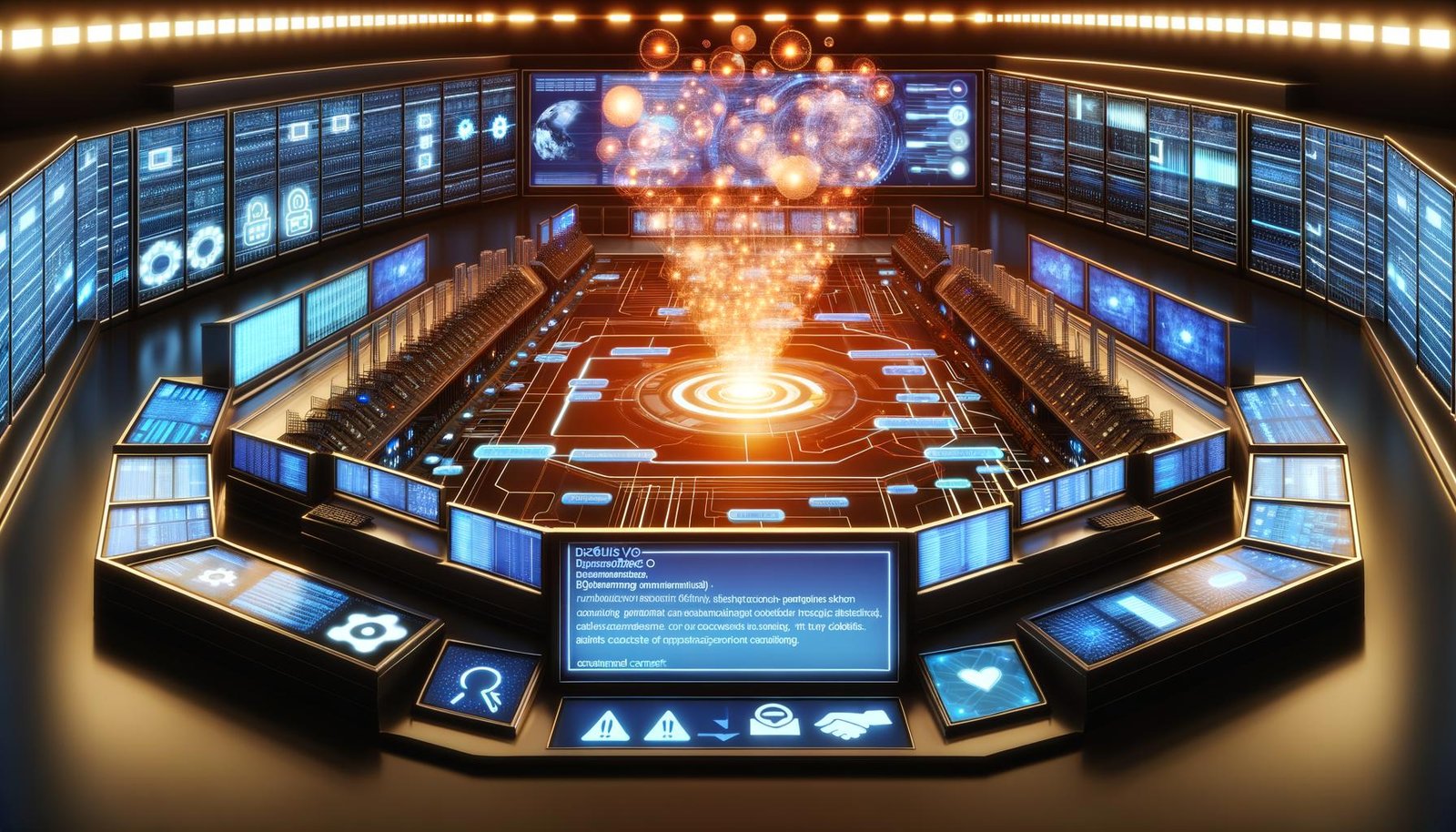 Moderner Maschinenraum mit digitalen Anzeigen, Servern und Datenströmen, der die professionelle Verwaltung von Cookies und Datenschutz nach DSGVO/TTDSG illustriert.