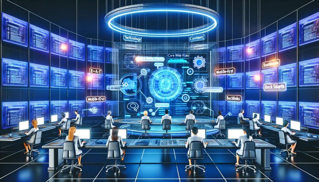 Dynamische Illustration eines futuristischen SEO-Labors mit holografischem Interface, mehreren Experten an Monitoren und leuchtenden SEO-Tags an den Wänden.