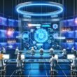 Dynamische Illustration eines futuristischen SEO-Labors mit holografischem Interface, mehreren Experten an Monitoren und leuchtenden SEO-Tags an den Wänden.