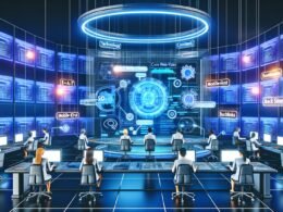 Dynamische Illustration eines futuristischen SEO-Labors mit holografischem Interface, mehreren Experten an Monitoren und leuchtenden SEO-Tags an den Wänden.