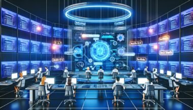 Dynamische Illustration eines futuristischen SEO-Labors mit holografischem Interface, mehreren Experten an Monitoren und leuchtenden SEO-Tags an den Wänden.