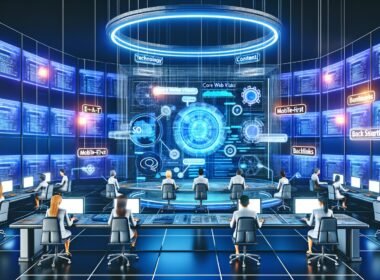 Dynamische Illustration eines futuristischen SEO-Labors mit holografischem Interface, mehreren Experten an Monitoren und leuchtenden SEO-Tags an den Wänden.