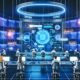 Dynamische Illustration eines futuristischen SEO-Labors mit holografischem Interface, mehreren Experten an Monitoren und leuchtenden SEO-Tags an den Wänden.
