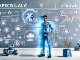 Stylischer junger Entrepreneur steht vor holografisch projizierten Shop-Interfaces, umgeben von Datenstreams, Cloud- und Headless-Icons, Wachstumsdashboards sowie automatisierten Lagerrobotern auf einem modernen Titelbild mit kühlen Blautönen.