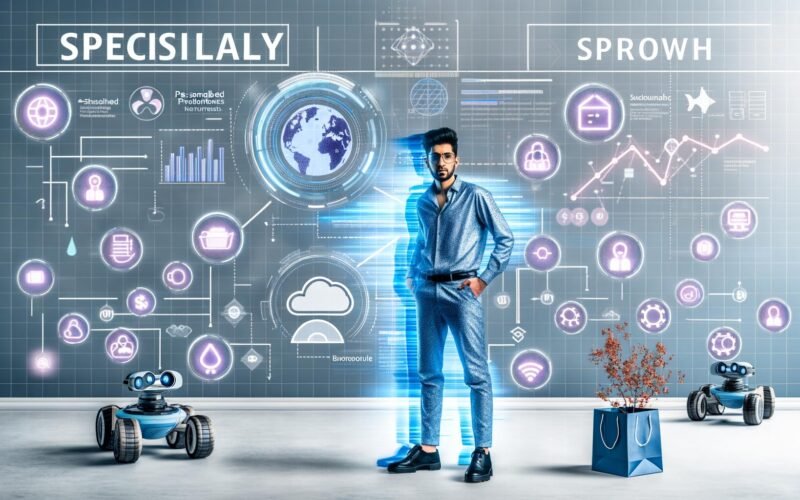 Stylischer junger Entrepreneur steht vor holografisch projizierten Shop-Interfaces, umgeben von Datenstreams, Cloud- und Headless-Icons, Wachstumsdashboards sowie automatisierten Lagerrobotern auf einem modernen Titelbild mit kühlen Blautönen.