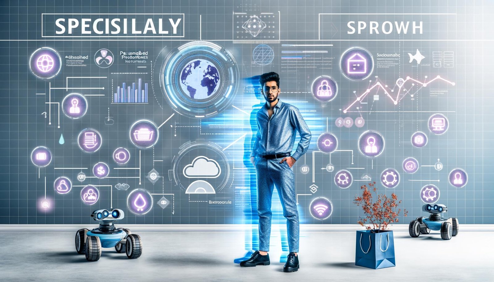 Stylischer junger Entrepreneur steht vor holografisch projizierten Shop-Interfaces, umgeben von Datenstreams, Cloud- und Headless-Icons, Wachstumsdashboards sowie automatisierten Lagerrobotern auf einem modernen Titelbild mit kühlen Blautönen.